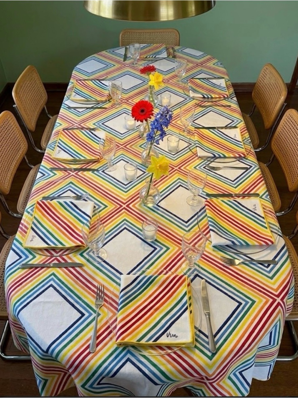 VTG 60s Vera Neumann Rainbow Retro Geometric Pattern Tablecloth & 10 Napkins Set
